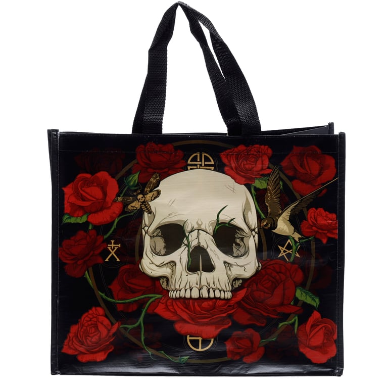 RPET Recycled Plastic Bottle Reusable Shopping Bag - Eco-Friendly with Skulls and Roses Design