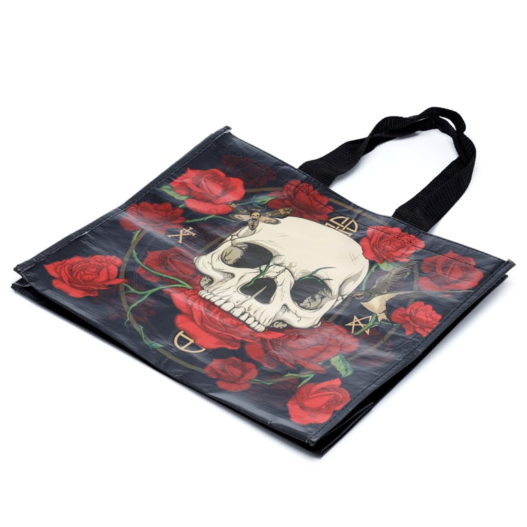 RPET Recycled Plastic Bottle Reusable Shopping Bag - Eco-Friendly with Skulls and Roses Design