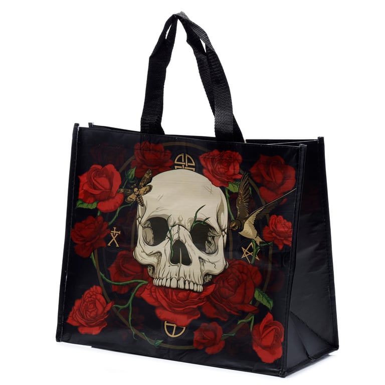 RPET Recycled Plastic Bottle Reusable Shopping Bag - Eco-Friendly with Skulls and Roses Design
