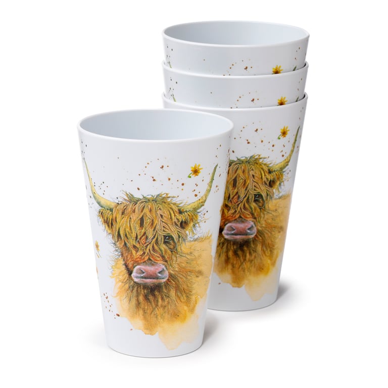 Jan Pashley Highland Coo Cow Recycled RPET Picnic Cups (4x 450ml) - Eco Friendly & Reusable