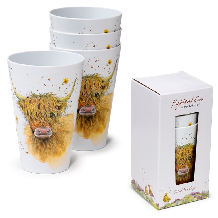 Jan Pashley Highland Coo Cow Recycled RPET Picnic Cups (4x 450ml) - Eco Friendly & Reusable