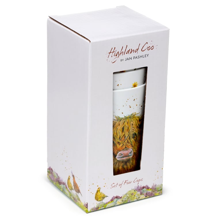 Jan Pashley Highland Coo Cow Recycled RPET Picnic Cups (4x 450ml) - Eco Friendly & Reusable