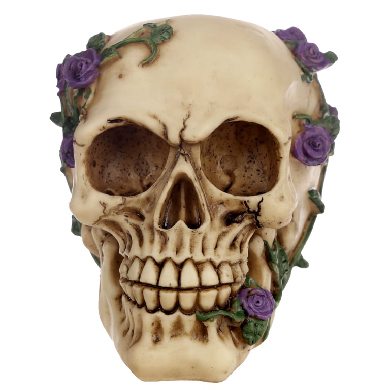 Gothic Resin Skull Decoration with Purple Roses - Home Gothic Decor