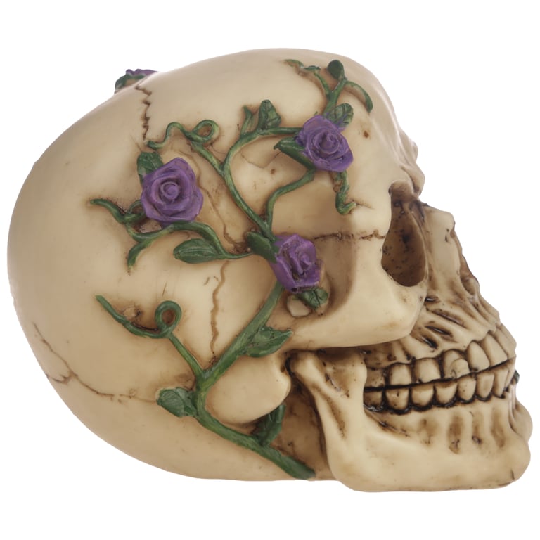 Gothic Resin Skull Decoration with Purple Roses - Home Gothic Decor