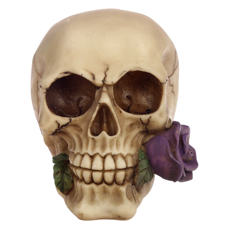 Gothic Resin Skull Decoration with Purple Roses - Home Gothic Decor