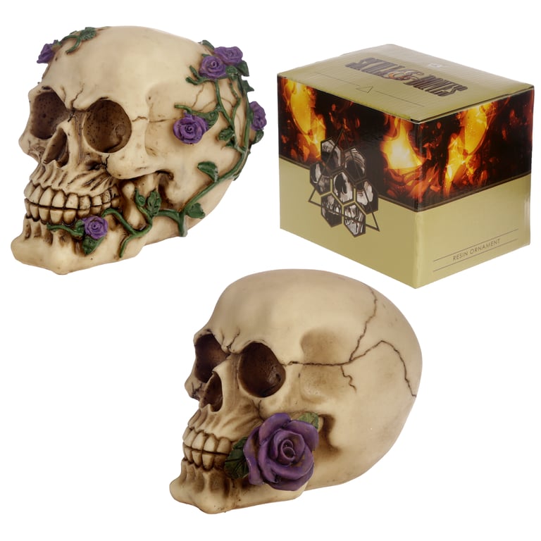 Gothic Resin Skull Decoration with Purple Roses - Home Gothic Decor