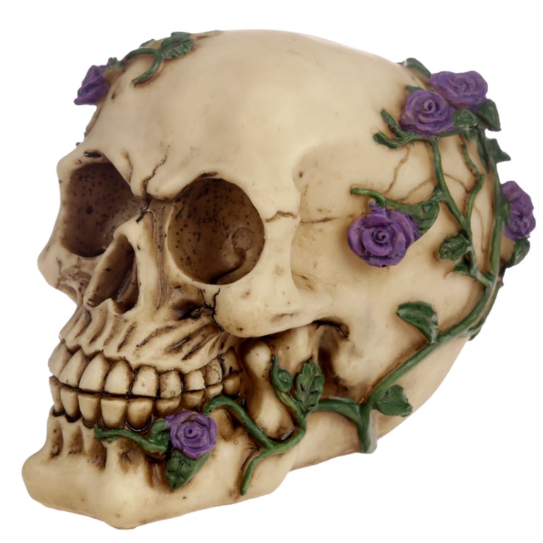Gothic Resin Skull Decoration with Purple Roses - Home Gothic Decor