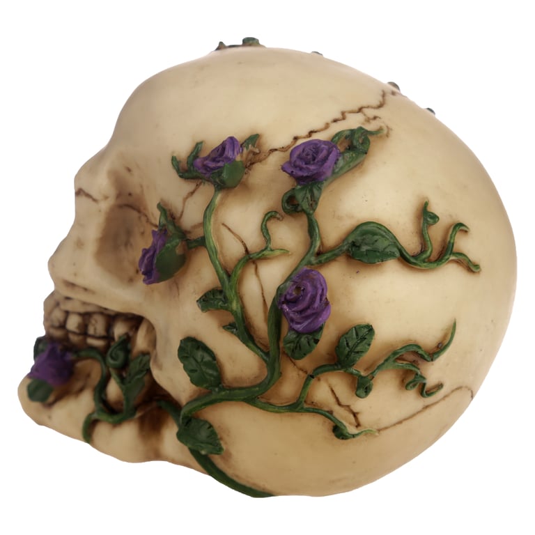 Gothic Resin Skull Decoration with Purple Roses - Home Gothic Decor
