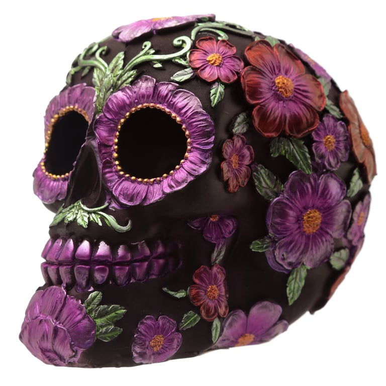 Gothic Resin Day of the Dead Flower Skull Decoration - Unique Home Decor Item