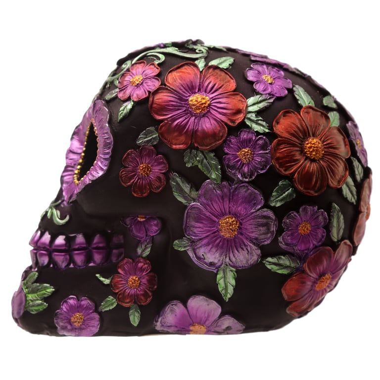 Gothic Resin Day of the Dead Flower Skull Decoration - Unique Home Decor Item