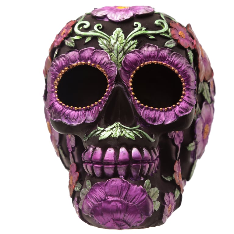 Gothic Resin Day of the Dead Flower Skull Decoration - Unique Home Decor Item