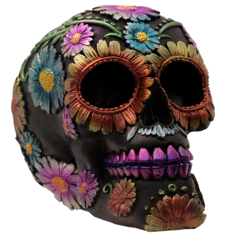 Gothic Resin Day of the Dead Flower Skull Decoration - Unique Home Decor Item