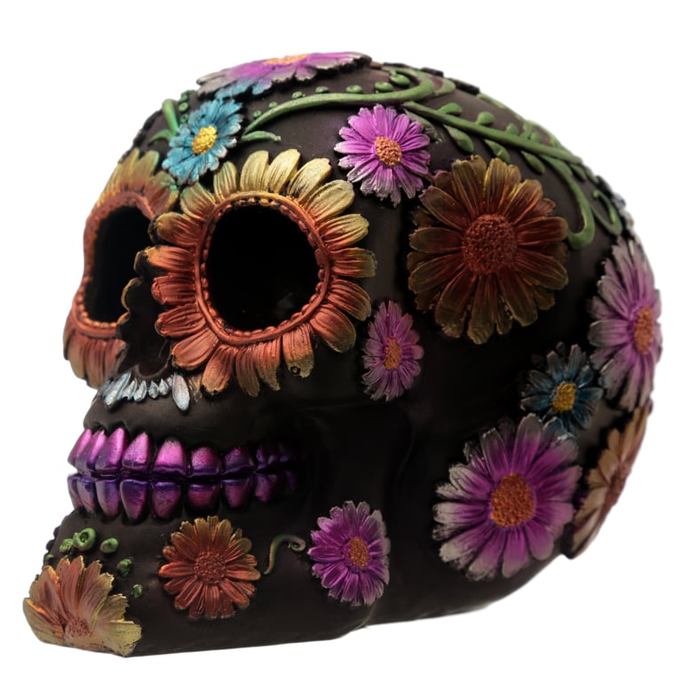 Gothic Resin Day of the Dead Flower Skull Decoration - Unique Home Decor Item