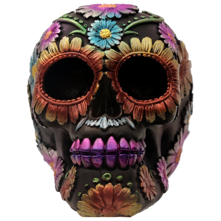 Gothic Resin Day of the Dead Flower Skull Decoration - Unique Home Decor Item