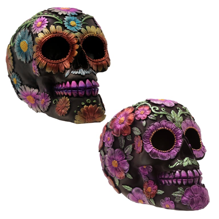 Gothic Resin Day of the Dead Flower Skull Decoration - Unique Home Decor Item