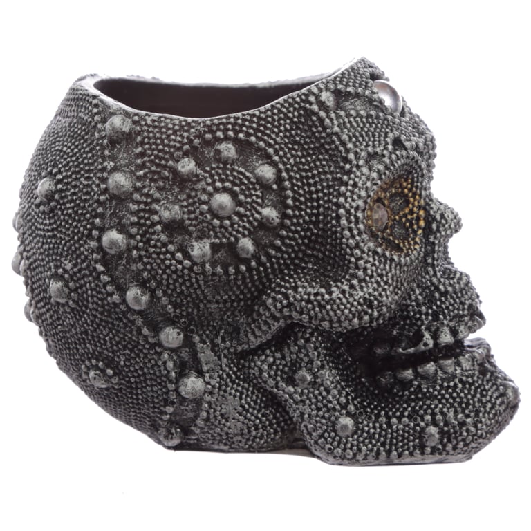 Silver Beaded Skull Tea Light Candle Holder - Resin Home Decor for Halloween Season