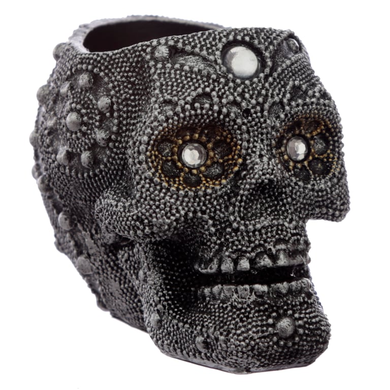 Silver Beaded Skull Tea Light Candle Holder - Resin Home Decor for Halloween Season