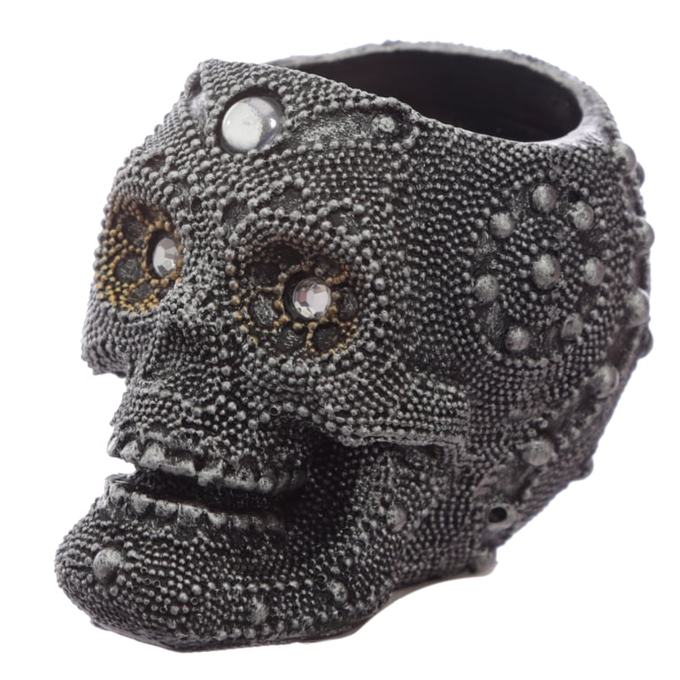 Silver Beaded Skull Tea Light Candle Holder - Resin Home Decor for Halloween Season