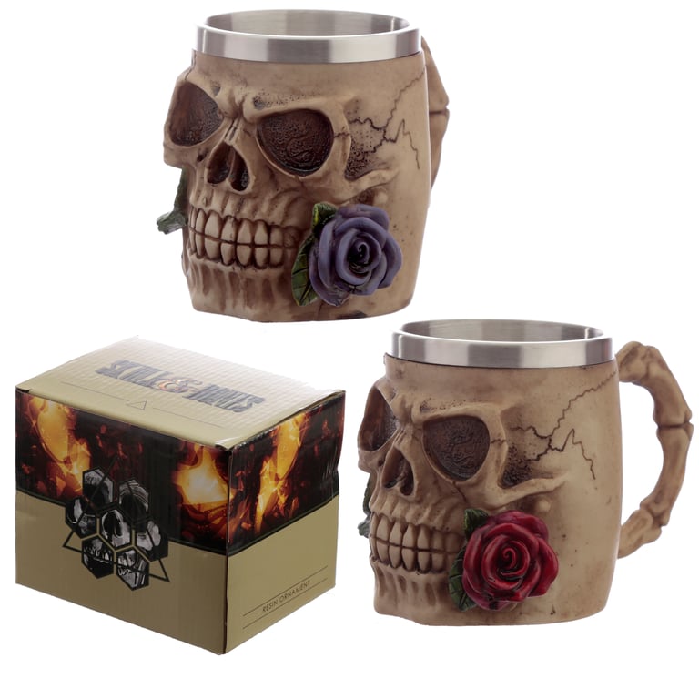 Decorative Resin Skulls and Roses Tankard - Perfect Halloween Decoration
