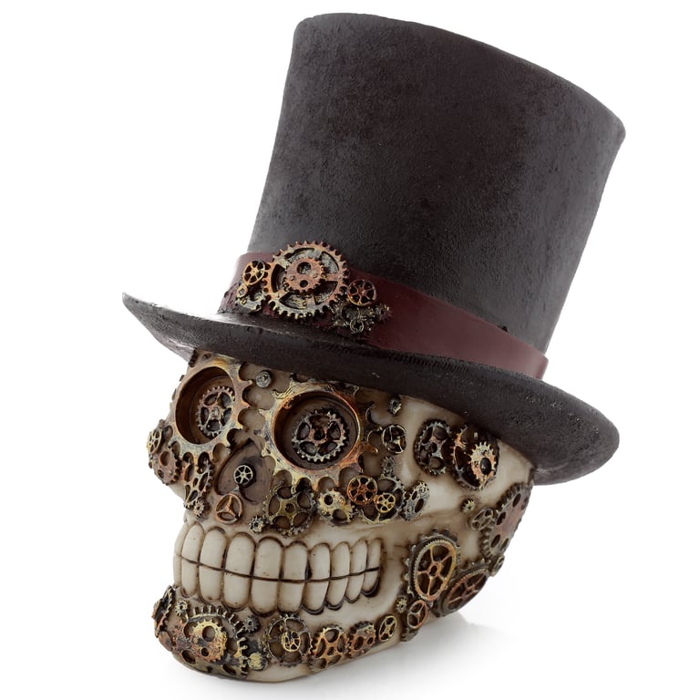 Fantasy Steampunk Resin Skull Ornament - Top Hat Decor