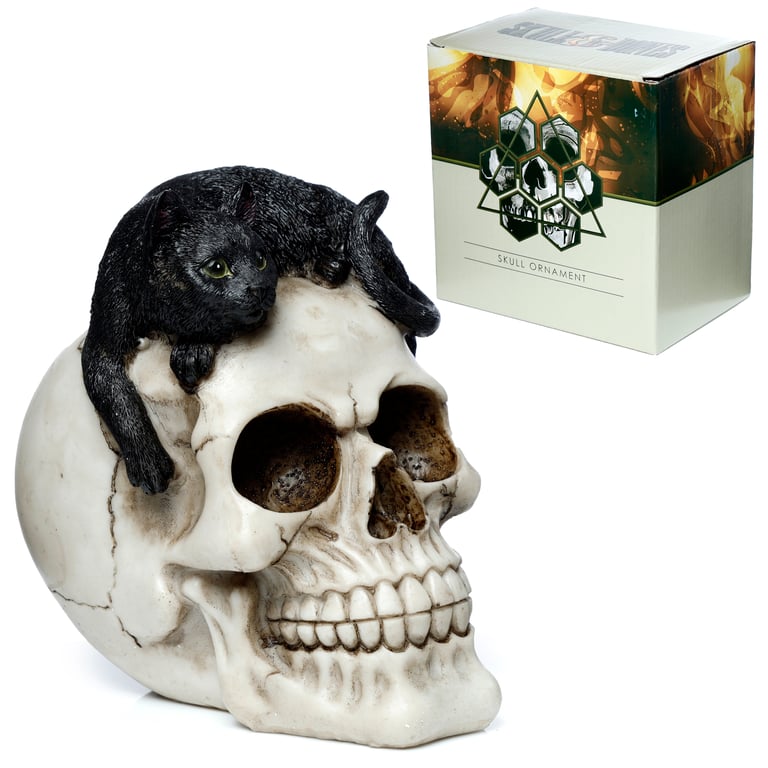 Resin Fantasy Skull Ornament with Black Cat Decoration