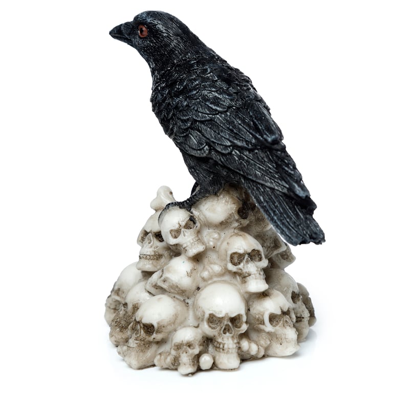 Resin Crow Standing on Pile of Skulls Ornament - Eerie Home Decor Decoration