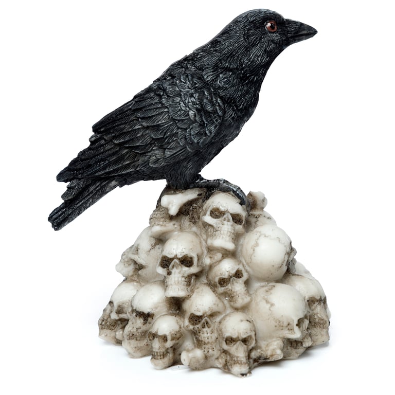 Resin Crow Standing on Pile of Skulls Ornament - Eerie Home Decor Decoration
