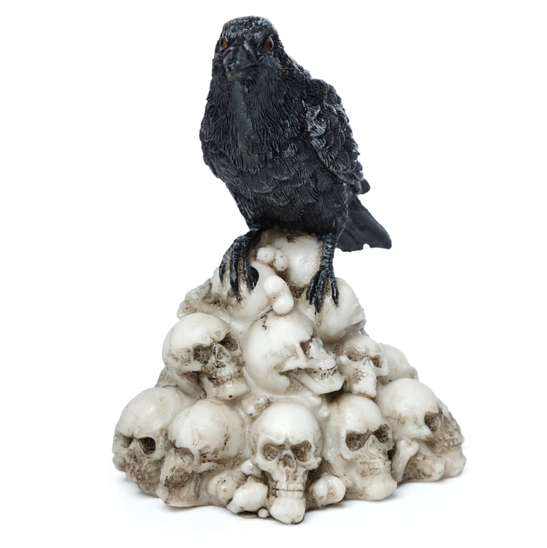 Resin Crow Standing on Pile of Skulls Ornament - Eerie Home Decor Decoration