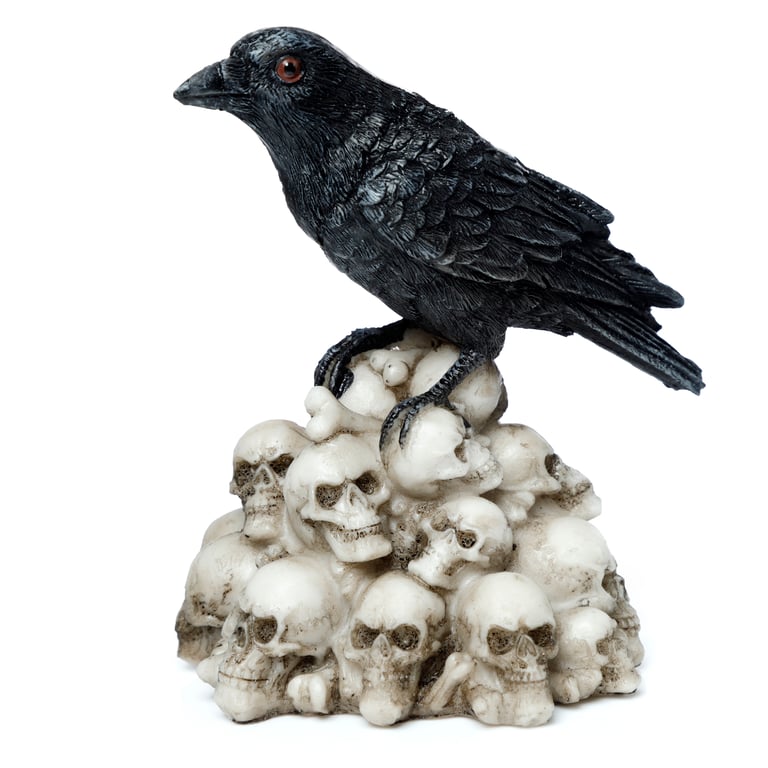 Resin Crow Standing on Pile of Skulls Ornament - Eerie Home Decor Decoration