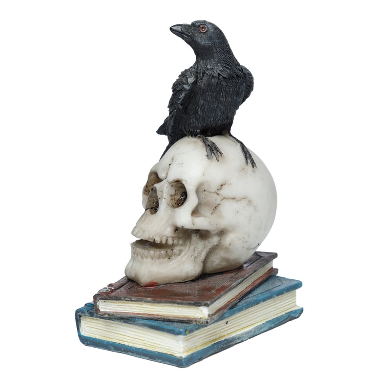 Resin Crow Standing on Skull and Books Ornament - Spooky Home Office Decor