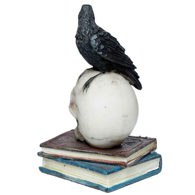 Resin Crow Standing on Skull and Books Ornament - Spooky Home Office Decor