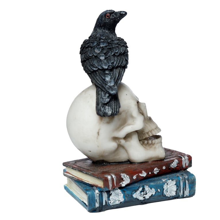 Resin Crow Standing on Skull and Books Ornament - Spooky Home Office Decor