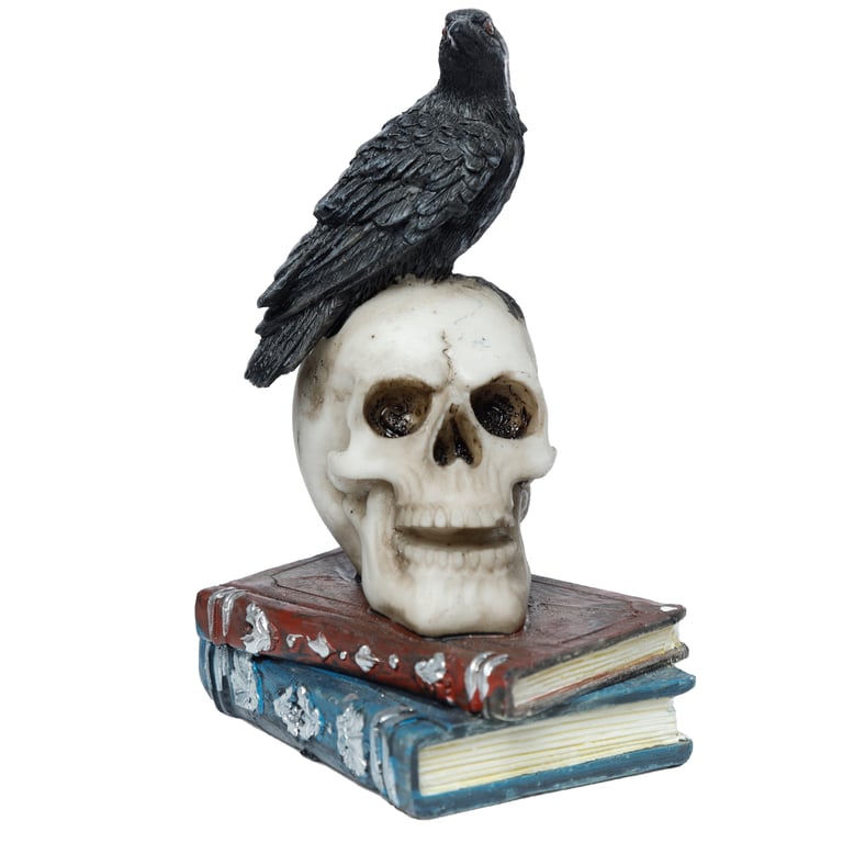 Resin Crow Standing on Skull and Books Ornament - Spooky Home Office Decor