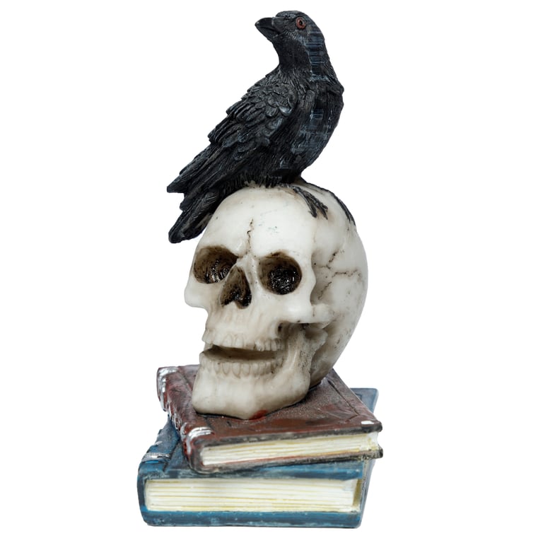 Resin Crow Standing on Skull and Books Ornament - Spooky Home Office Decor