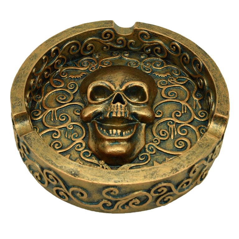 Metallic Brushed Gold Effect Resin Skull Ashtray - Home Decor Accessory