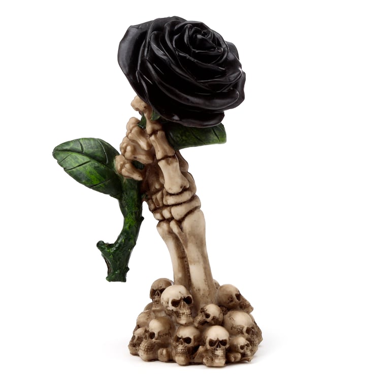 Resin Gothic Skull Decoration with Skeleton Hand and Black Rose