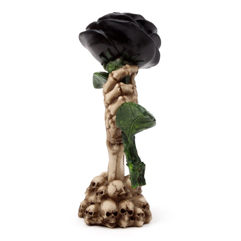 Resin Gothic Skull Decoration with Skeleton Hand and Black Rose