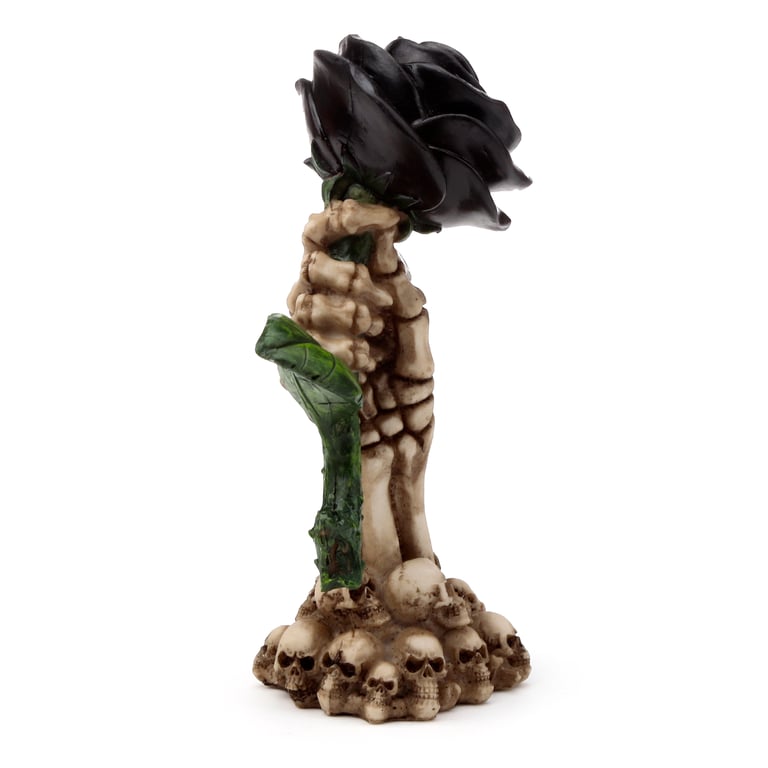 Resin Gothic Skull Decoration with Skeleton Hand and Black Rose