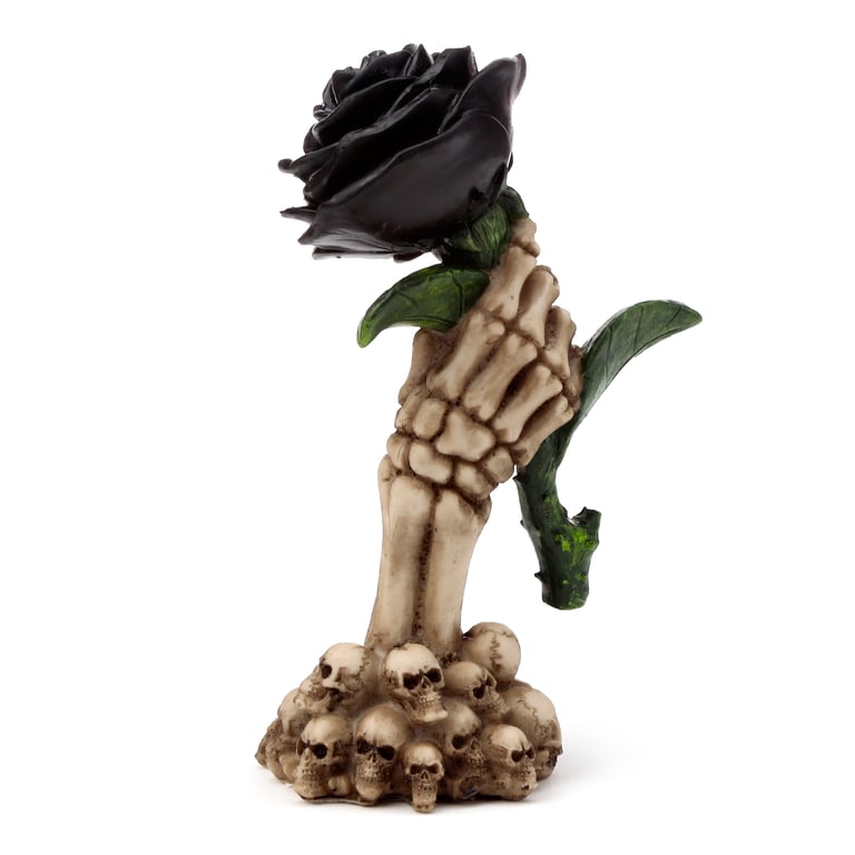 Resin Gothic Skull Decoration with Skeleton Hand and Black Rose