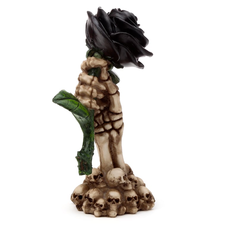 Resin Gothic Skull Decoration with Skeleton Hand and Black Rose