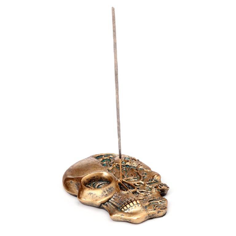 Resin Skull Shaped Incense Burner with Rose Design, Ashcatcher and Holder