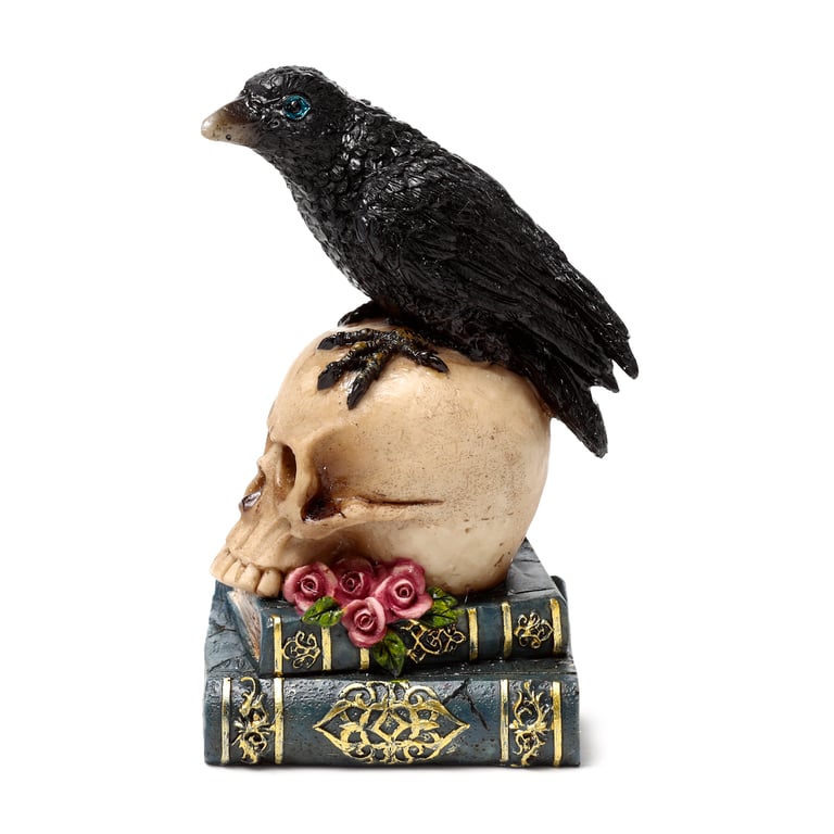 Resin Crow on Skull & Books Ornament - Unique Home Decor Item