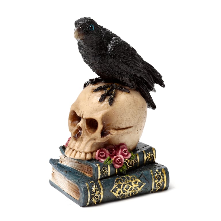 Resin Crow on Skull & Books Ornament - Unique Home Decor Item