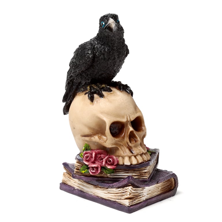 Resin Crow on Skull & Books Ornament - Unique Home Decor Item