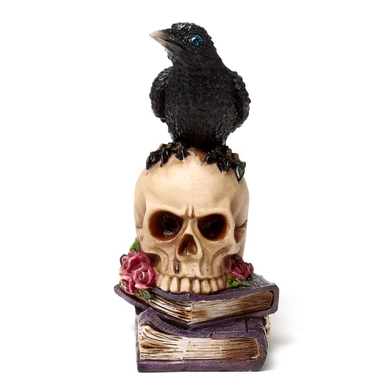 Resin Crow on Skull & Books Ornament - Unique Home Decor Item