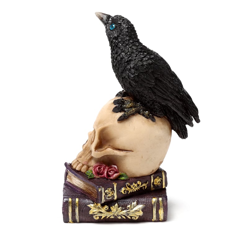 Resin Crow on Skull & Books Ornament - Unique Home Decor Item