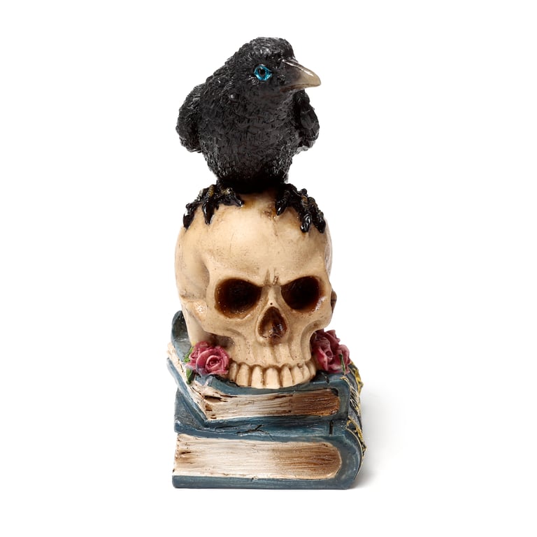 Resin Crow on Skull & Books Ornament - Unique Home Decor Item