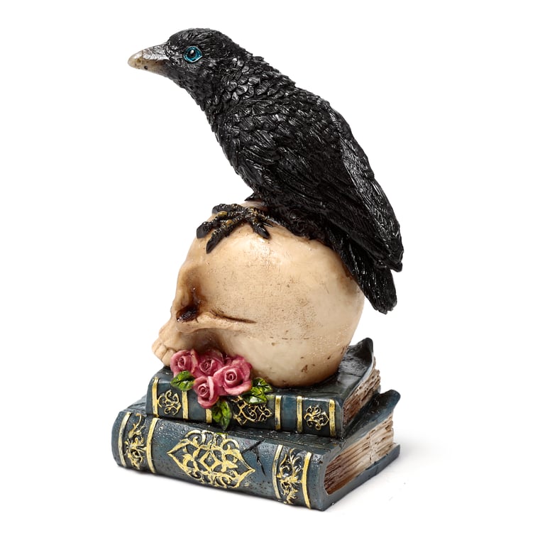 Resin Crow on Skull & Books Ornament - Unique Home Decor Item