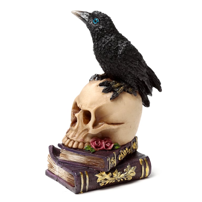 Resin Crow on Skull & Books Ornament - Unique Home Decor Item