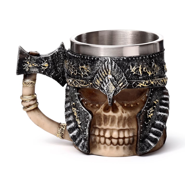Axe Handle Armoured Skull Decorative Tankard - Resin and Stainless Steel Home Decor Item